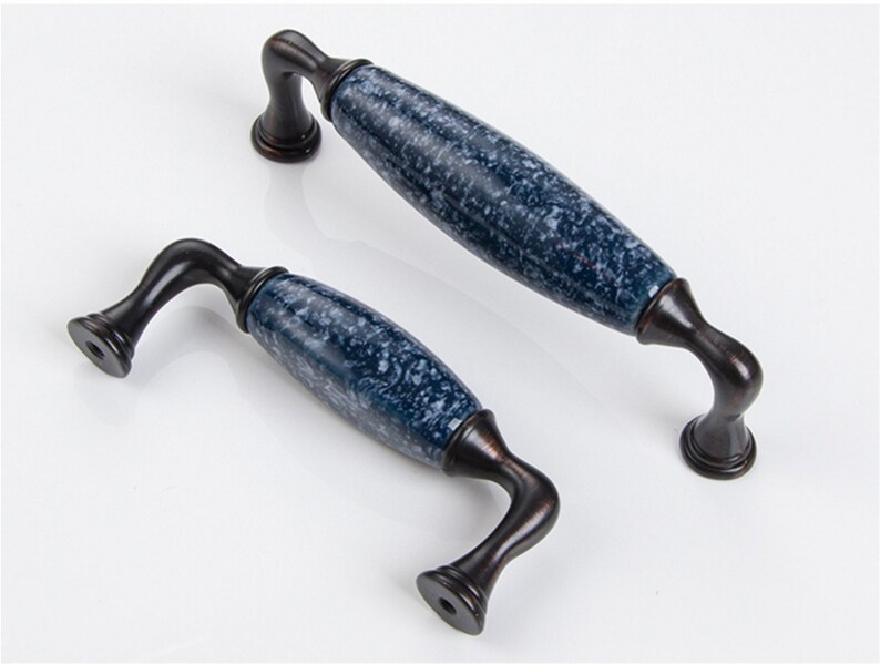 3.78/'/' 5.0 Ceramic Cabinet Door Handles Dark Blue Drawer Pulls Handles Black Copper Chic Furniture Hardware Kitchen Cabinet Pulls 96 128mm