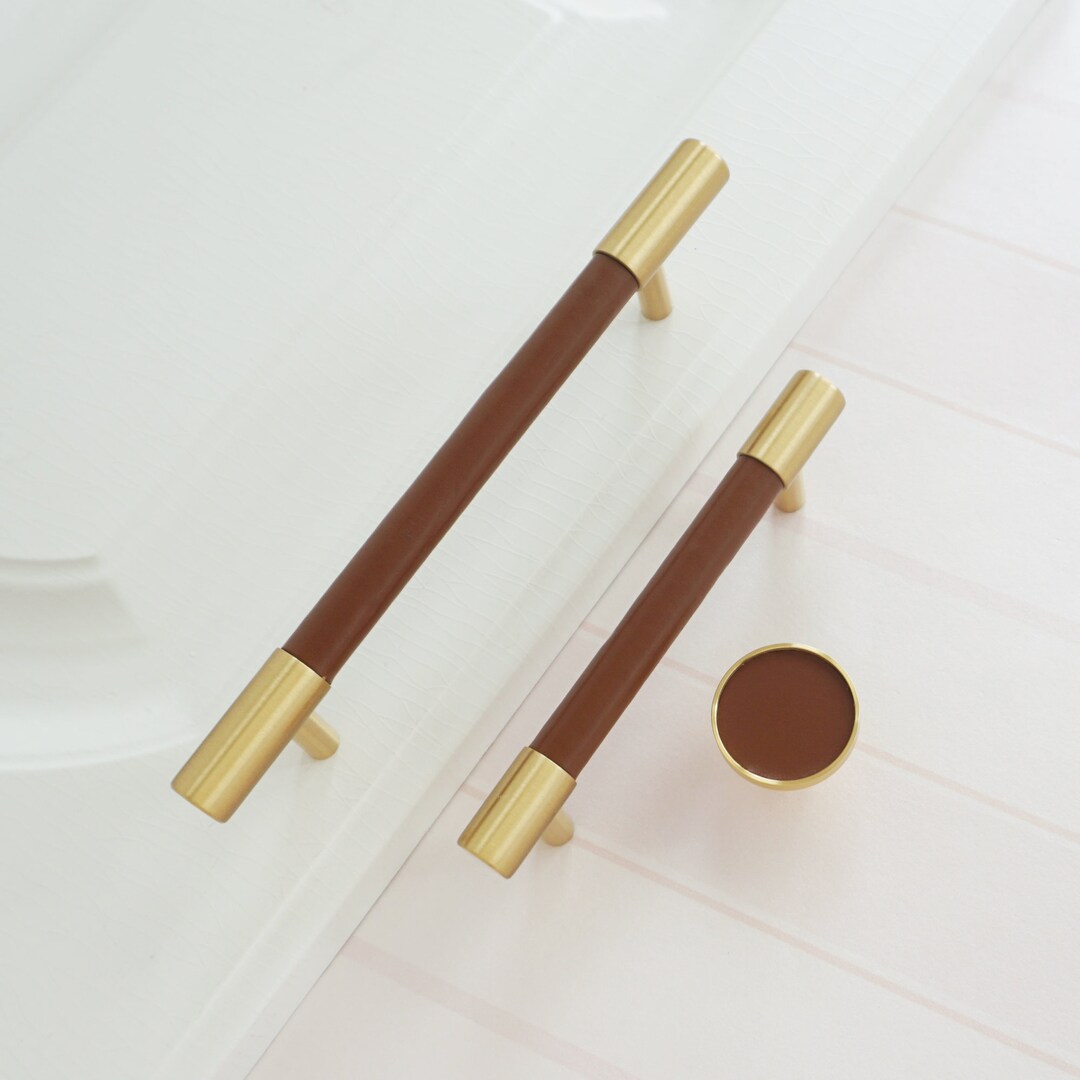 3.78'' 5'' 8.8dark Brown Leather Kitchen Pulls Brass Dresser Handles ...