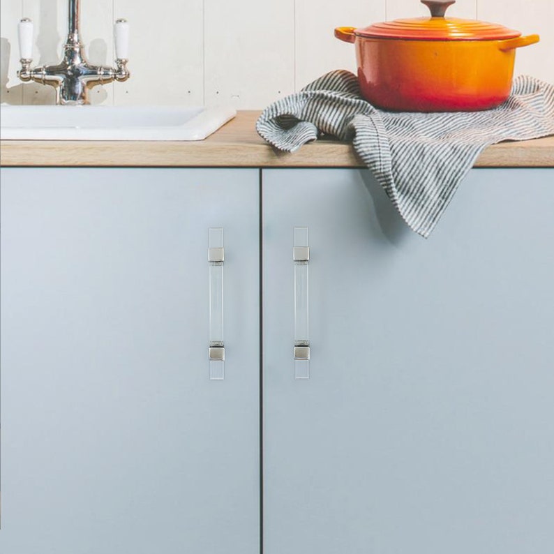 Square Acrylic Pulls Knobs Silver Clear Handles Drawer Etsy