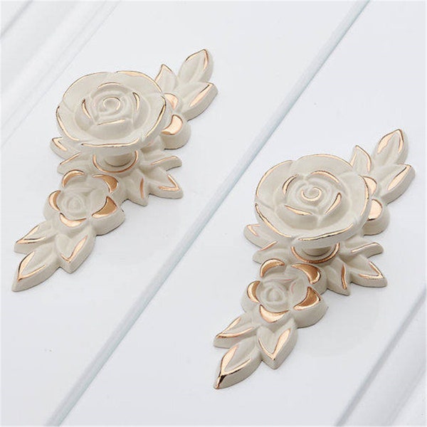 Shabby Chic Dresser Drawer Knobs Pulls Handles Creamy White Gold Rose Flower Kitchen Cabinet Pulls Handle Ornate Pulls Furniture Hardware