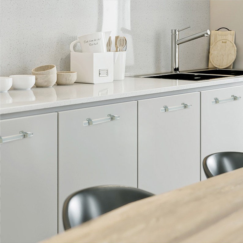 Square Acrylic Pulls Knobs Silver Clear Handles Drawer Etsy
