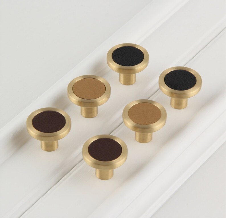 Black Round Copper Leather Cabinet Knobs Handles Light Yellow Etsy