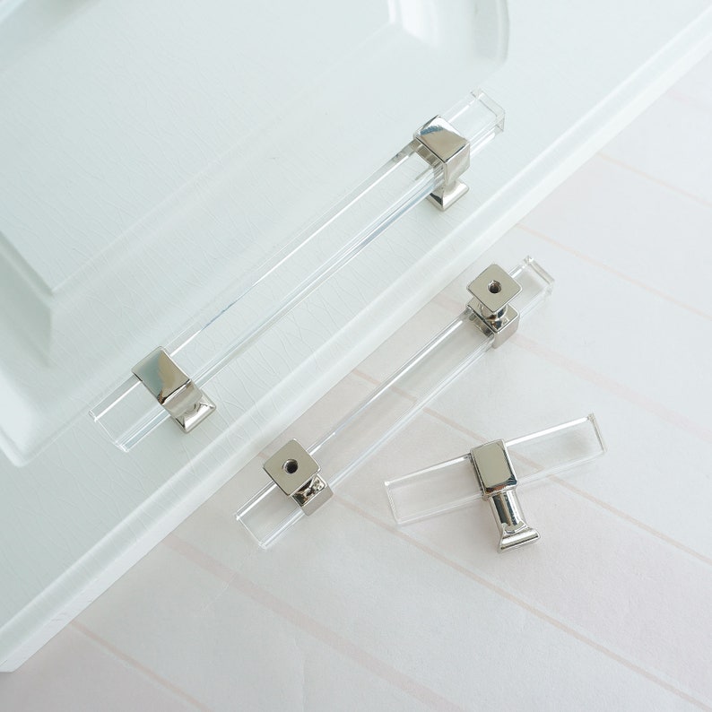 Square Acrylic Pulls Knobs Silver Clear Handles Drawer Etsy
