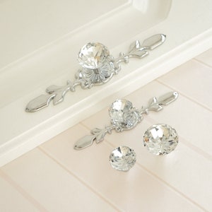 Silver Chrome Drawer Knobs Handles / Glass Dresser Knob Crystal Cabinet Pulls Handle Back Plate Bling furniture hardware