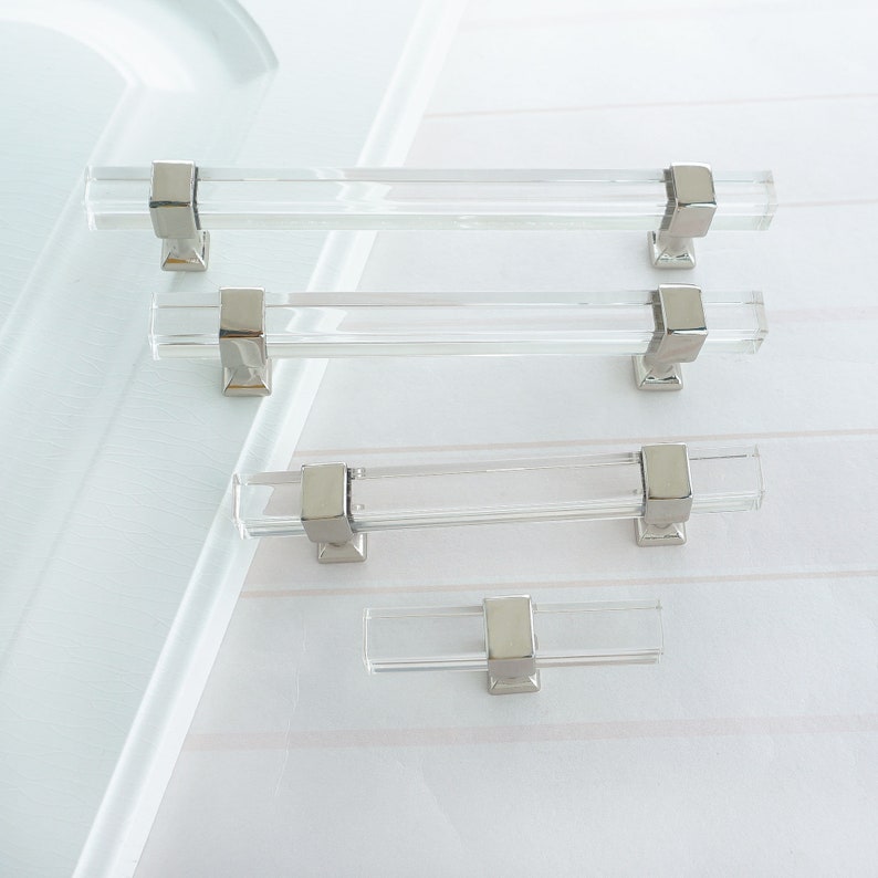 Square Acrylic Pulls Knobs Silver Clear Handles Drawer Etsy