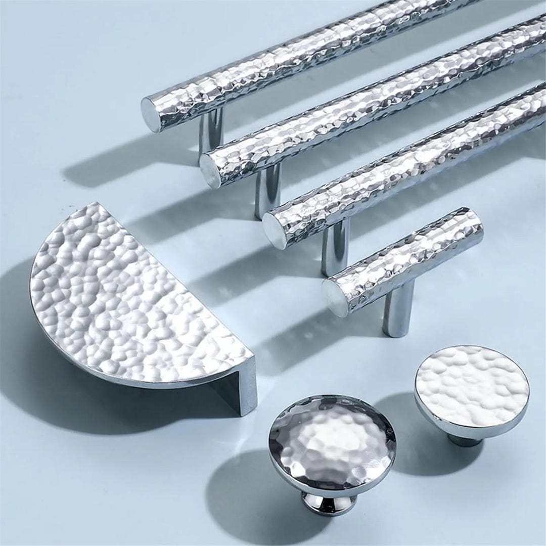 Hammered Chrome Cabinet Handles Knobs Solid Brass Kitchen Pulls Drawer ...
