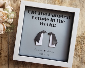 Origami Penguin Wedding Frame / Personalised Anniversary Gift