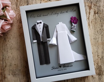 Custom Anniversary frame / Origami Wedding frame / Paper Groom and Bride outfit