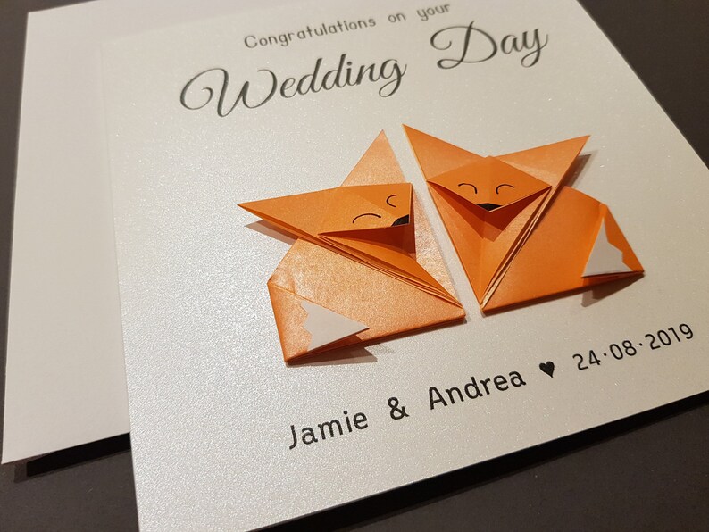 Personalised Wedding card Wedding card Origami Fox wedding card Engagement card Handmade card