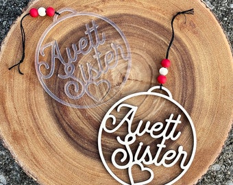 Avett Sister Ornament, wooden, laser cut, car charm, gift for her