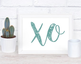XO (kiss, hug) downloadable print, vintage typography art, available in teal, pink, navy, seamist, grey