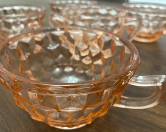 Vintage Pink Depression Glass Tea Set with Sugar Container, Jeanette Depression Tea Set Diamond Pattern, Blush Pink, Set of 5 Tea Cups