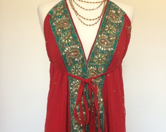 Boho Vintage Georgette Embroidery Work Scarf Dress Top Upcycled Dupatta Design Maxi Top Summer Beach Party dress Boho evening Maxi Top dress