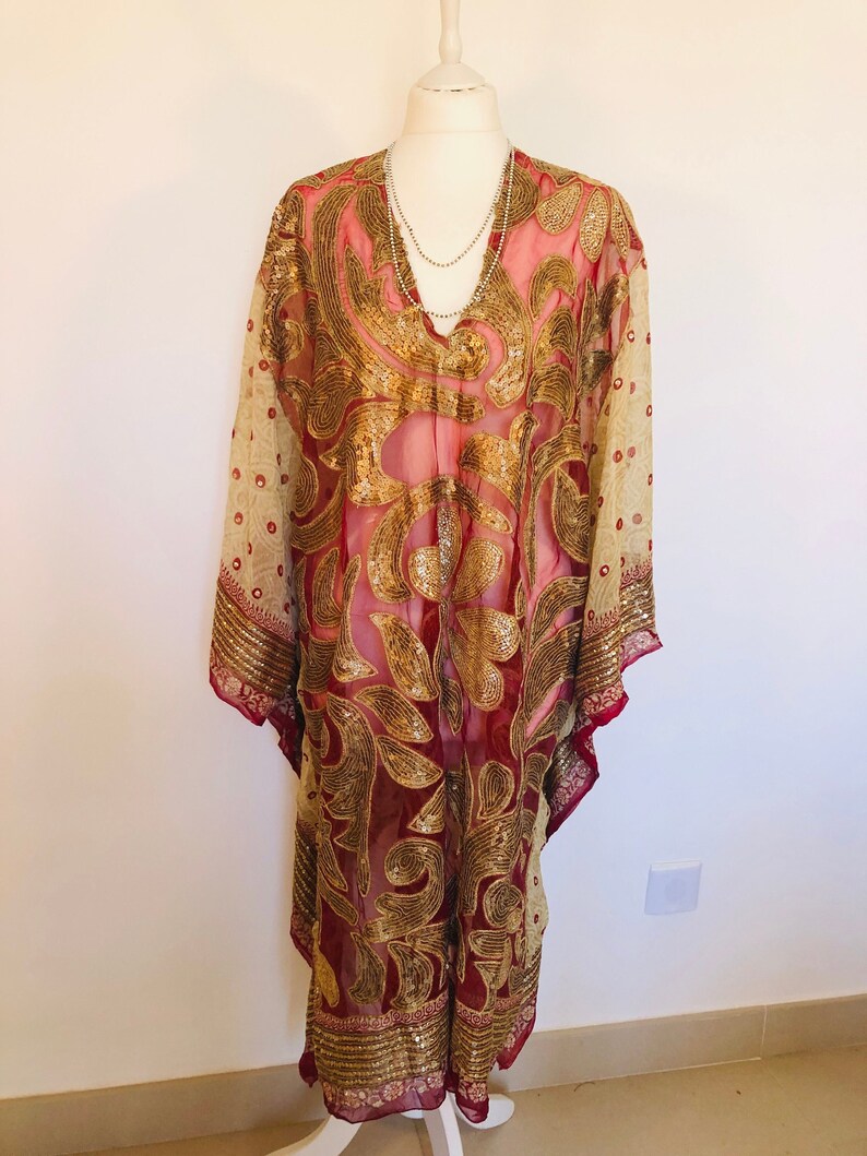 Boho shops Long 60s 70s Sequinned Kaftan ,Hippie Boho Party Holiday Tunic Dress, Bohemian Beaded Goddess Festival Kaftan,Sequinned Silk Kaftan