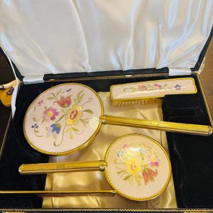 Gold metal Dressing table set - brush, comb, clothes brush and mirror - solid navy box