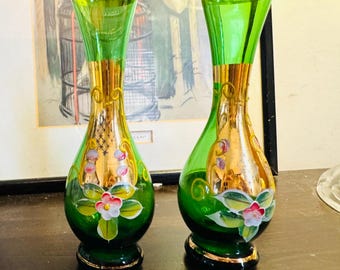 Vintage pair of Venetian Green glass bud vases