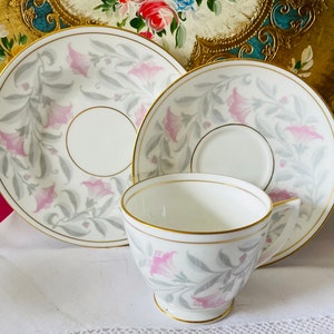 1950s Minton bone china trios &#39;Petunia&#39; designed by John Wadsworth