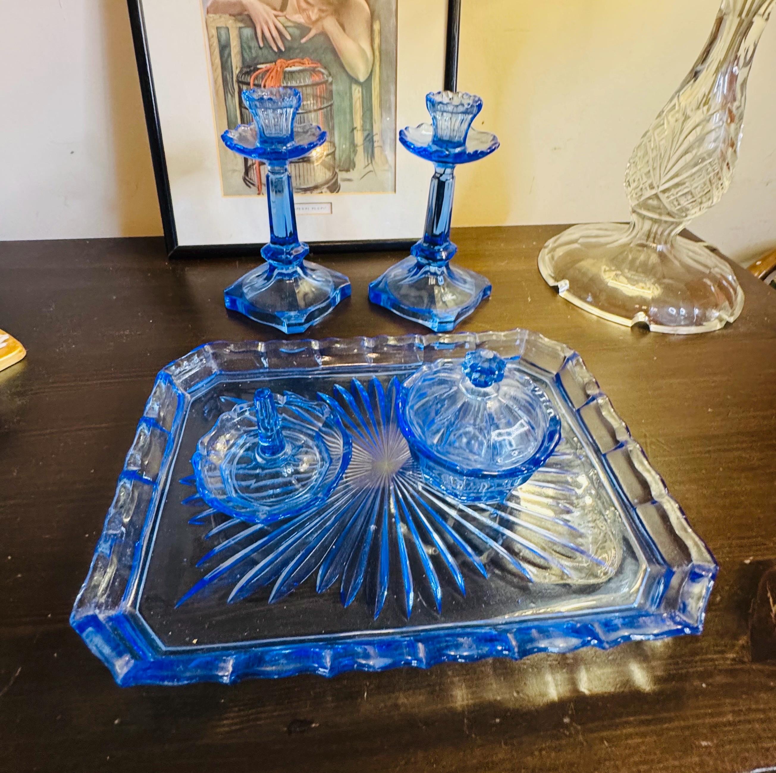 blue glass dressing table set Rare Blue Bohemian Etched Glass Vanity Bottle Dressing Table Set – Egermann Style main image 1