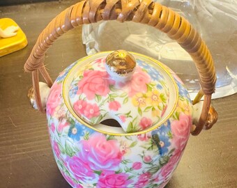 Vintage Chintz Patterned Jam/Preserve pot - Wicker handle