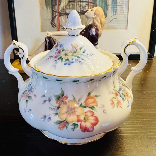 Royal Albert Constance Lidded, double handled Sugar Bowl – English Bone China  Gold Trim - Rare