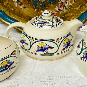 Może przedstawiać: Zestaw do herbaty w stylu vintage z kremową podstawą i niebieskimi, zielonymi i żółtymi wzorami kwiatowymi. Zestaw zawiera czajnik, dzbanek do śmietanki i cukiernicę.