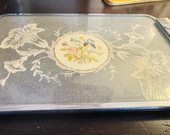 Vintage Petit Point Lace Vanity Tray with Floral Rose Insert – Glass Dressing Table Display