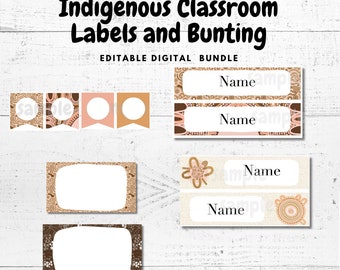 May include: Editable digital bundle of Indigenous-inspired classroom labels and bunting. The labels feature brown and beige patterns with the word "Name" in black text. The bunting features brown, beige, and pink circles with a brown banner.
