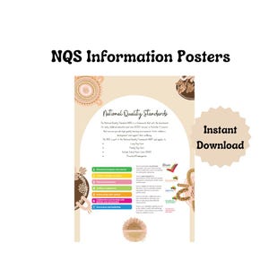 May include: A poster with a brown, orange, and yellow background with a white border. The poster has the title "National Quality Standards" and lists seven standards for early childhood education and care services in Australia. The poster also has a logo for the Australian Children's Education and Care Quality Authority (ACECQA).