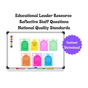 May include: A white board with a purple star that says "Instant Download" and eight colourful cards with the text "Reflective Questions" and questions about educational leadership. The title at the top of the board says "Educational Leader Resource Reflective Staff Questions National Quality Standards".