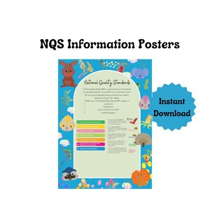 May include: A blue poster with illustrations of Australian animals, including a koala, a kookaburra, and an echidna. The poster features the text "National Quality Standards" and outlines the seven quality standards for early childhood education and care in Australia. The poster is available for instant download.