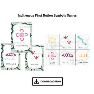 Puede incluir: Un conjunto de tarjetas educativas y un tablero de juego con símbolos de las Primeras Naciones indígenas. Las tarjetas muestran símbolos como "4 People Meeting", "Emu Tracks" y "Witchetty Grub". El diseño incorpora colores turquesa y rosa.