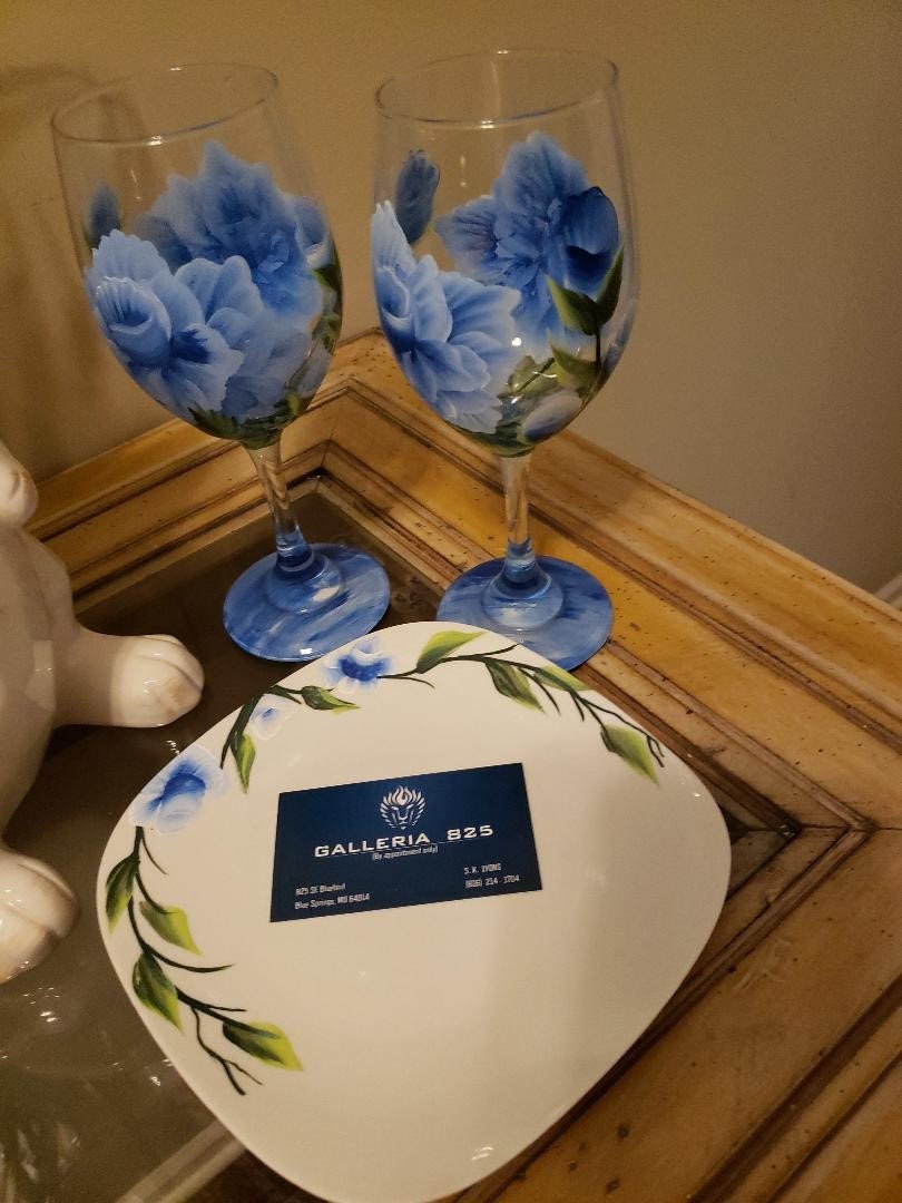 Immediate Free Shipping. Blue Varigated Roses Hand Painted by Local