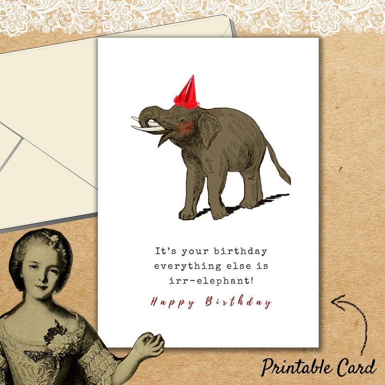 Animal Blank Greetings Cards,Instant Download Elephant Birthday Card printable cute irrelephant greeting card elephants illustration
