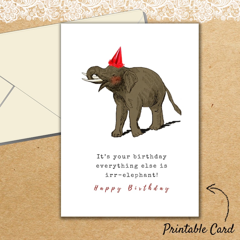 Animal Blank Greetings Cards,Instant Download Elephant Birthday Card printable cute irrelephant greeting card elephants illustration
