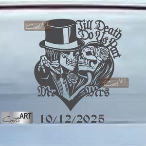 Auto Gothic Skulls Love Custom Naam en Datum Auto Sticker Van Stickers Decal Vinyl Bruiloft Decals Bruid Bruidegom Huwelijksreis/28 kleuren beschikbaar