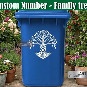 Adhesivo de vinilo personalizado con número para contenedor de basura con diseño del Árbol de la Vida - Pegatina para casa