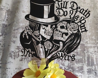 Skulls in Love &quot;Till death do us part&quot; Mr Mrs Cake topper Wedding cake topper Skull Bride Groom Gothic style Black/ Wooden/ Gold/ Silver