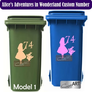 Alice's Adventures in Wonderland Custom Number Sticker Bin Wheelie Vinyl Alice's The White Rabbit The Cheshire Cat The Hatter Decal