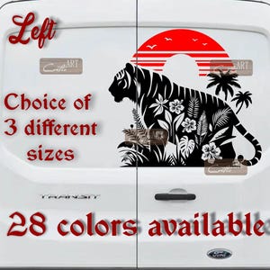 May include: A black tiger silhouette with floral and palm tree accents is set against a red sunset on a white vehicle. Text on the vehicle indicates a choice of three sizes and 28 colors available.
