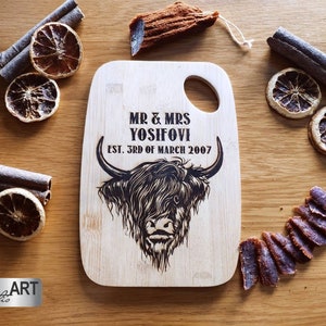 Personalyzed Custom Chopping Board Name Names Date Wedding Engagement Anniversary Birthday Special Ocasion Bamboo Cutting Board Highland Cow