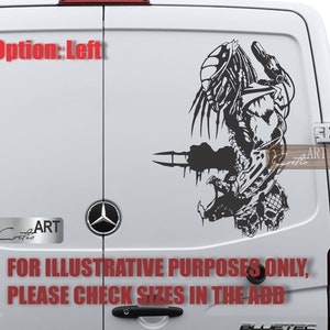 May include: A black vinyl decal of a Predator character featuring a helmet, dreadlocks, and bladed gauntlet, applied to the rear door of a white van. The text "Option: Left" appears in red, along with "FOR ILLUSTRATIVE PURPOSES ONLY, PLEASE CHECK SIZES IN THE ADD".