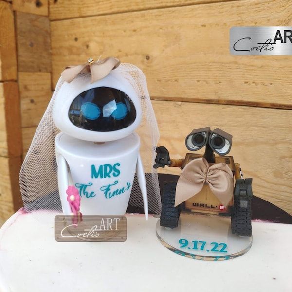 Custom Special Personalization WALL-E & EVE White Robots Bride and Groom Funny Birthday Wedding Cake Topper Custom Name - Date Two figures