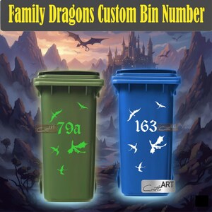 Familia de dragones Número personalizado: Pegatinas de vinilo para contenedor de basura con ruedas Regalo Dracones