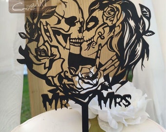 Kiss Skulls in Love Mr Mrs Cake topper Wedding Cake topper with Skull Bride Groom Gothic Rose Gothic Style Black/ Wooden/ Silver/ Gold more