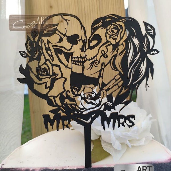 Kiss Skulls in Love Mr Mrs Cake topper Wedding Cake topper with Skull Bride Groom Gothic Rose Gothic Style Black/ Wooden/ Silver/ Gold more