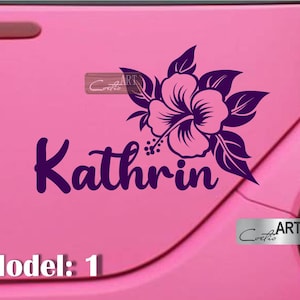Auto tropische exotische hibiscusbloem aangepaste naam autosticker bestelwagen sticker sticker vinyl cadeau 30 prachtige lettertypen 28 kleuren beschikbaar