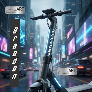 May include: Black electric scooter with the name "Braden" in white lettering on the stem. The scooter has blue LED lights and a small display. The background shows a city street with billboards and cars.