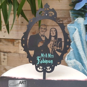 The Addams Family Gomez and Morticia Addams Cake Topper Custom Names Wedding Cake Topper Bride Groom Mr Mrs Birthday Anniversary