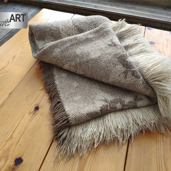 New* 100% wool ANTIQUE Vintage Retro Bulgarian King Size Blanket Handwoven Beige Brown colors Natural product Rhodope Blanket Flowers motif