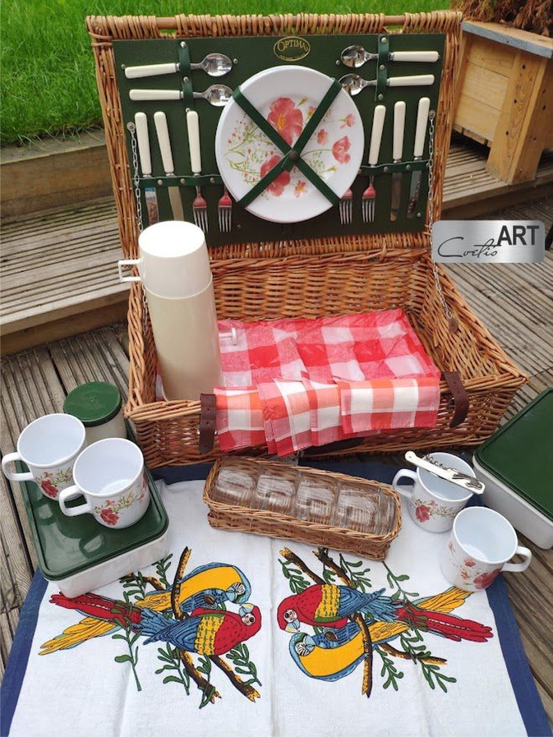 OPTIMA Rare Vintage Wicker Picnic Hamper Set 80s Retro Etsy UK